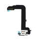 Charger port flex cable for the iPod Touch with a dark Lightning connector and microphone at the lower end, a board connector at the top and cyan protective tape.
