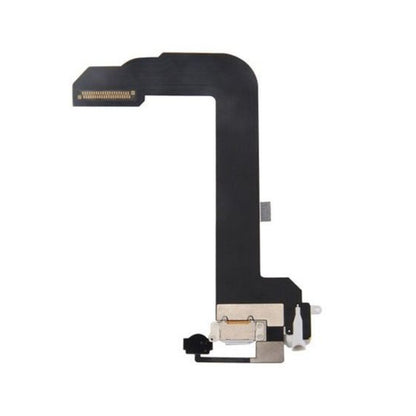 Charger port flex cable for the iPod Touch with a white Lightning connector and white plastic trim at the lower end, joined by a long black ribbon to the top connector.