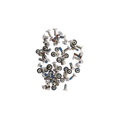 Loose pile of tiny iPhone 12 Pro internal screws, mostly silver with two gold coloured ones and blue thread lock on many shafts, scattered on white.