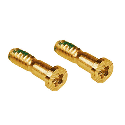 Pair of gold pentalobe bottom screws for iPhone 8 and SE, shown enlarged with five point heads and green thread locker on the threads.