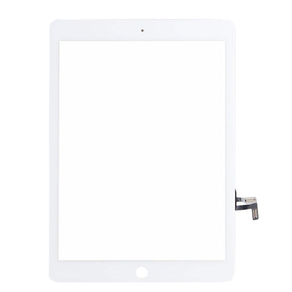 White iPad Air/5 (2017) glass and digitiser replacement seen face on, with the home button cutout and the digitiser flex cable folded out at the right edge