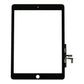 Black iPad Air/5 (2017) glass and digitiser replacement seen face on, with the home button cutout and the digitiser flex cable at the right edge